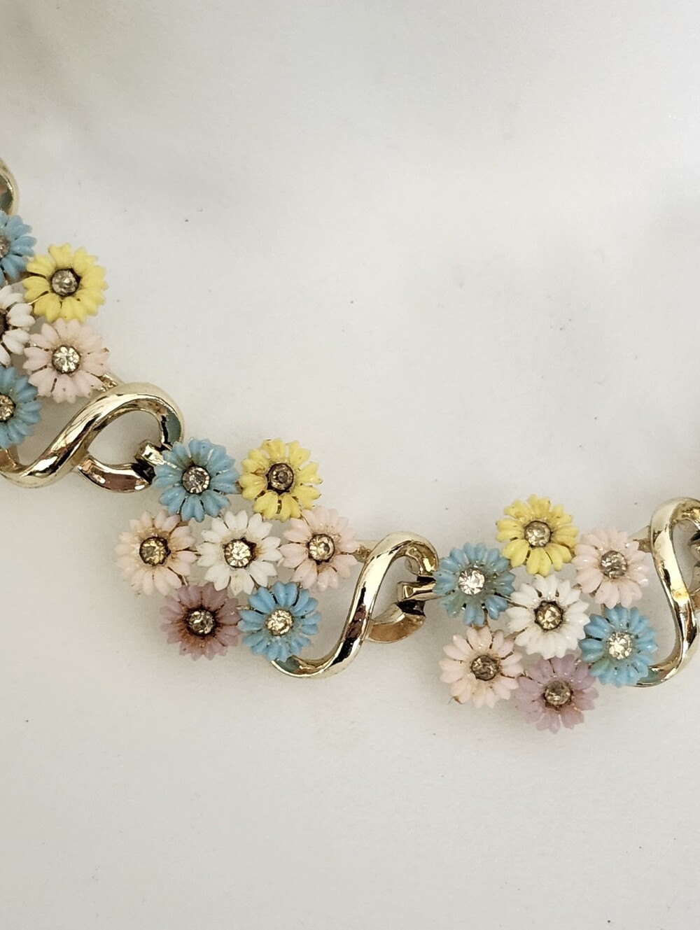 Vtg Pastel Floral Gold-Tone Necklace - Pink, Blue & Yellow - Picture 7 of 16